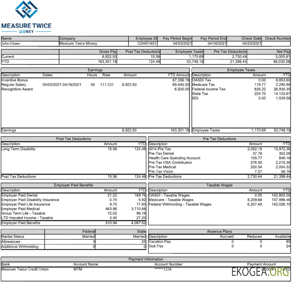 Modèle de fiche de paie USA MEASURE Twice Financia en Word et PDF